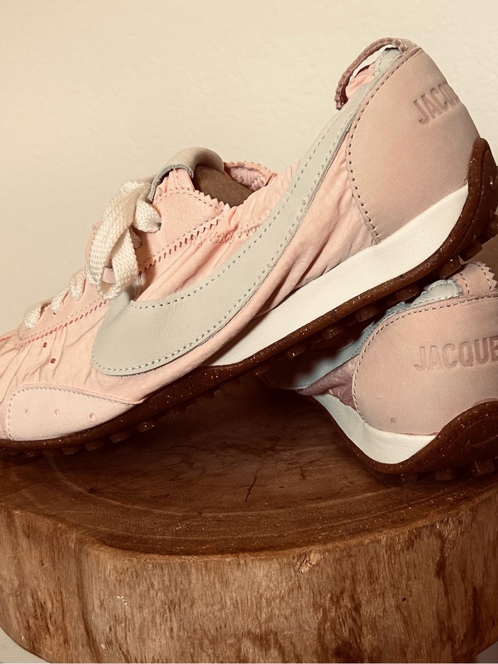 Jacquemus Blush Pink Leather Sneakers with Cream Swoosh